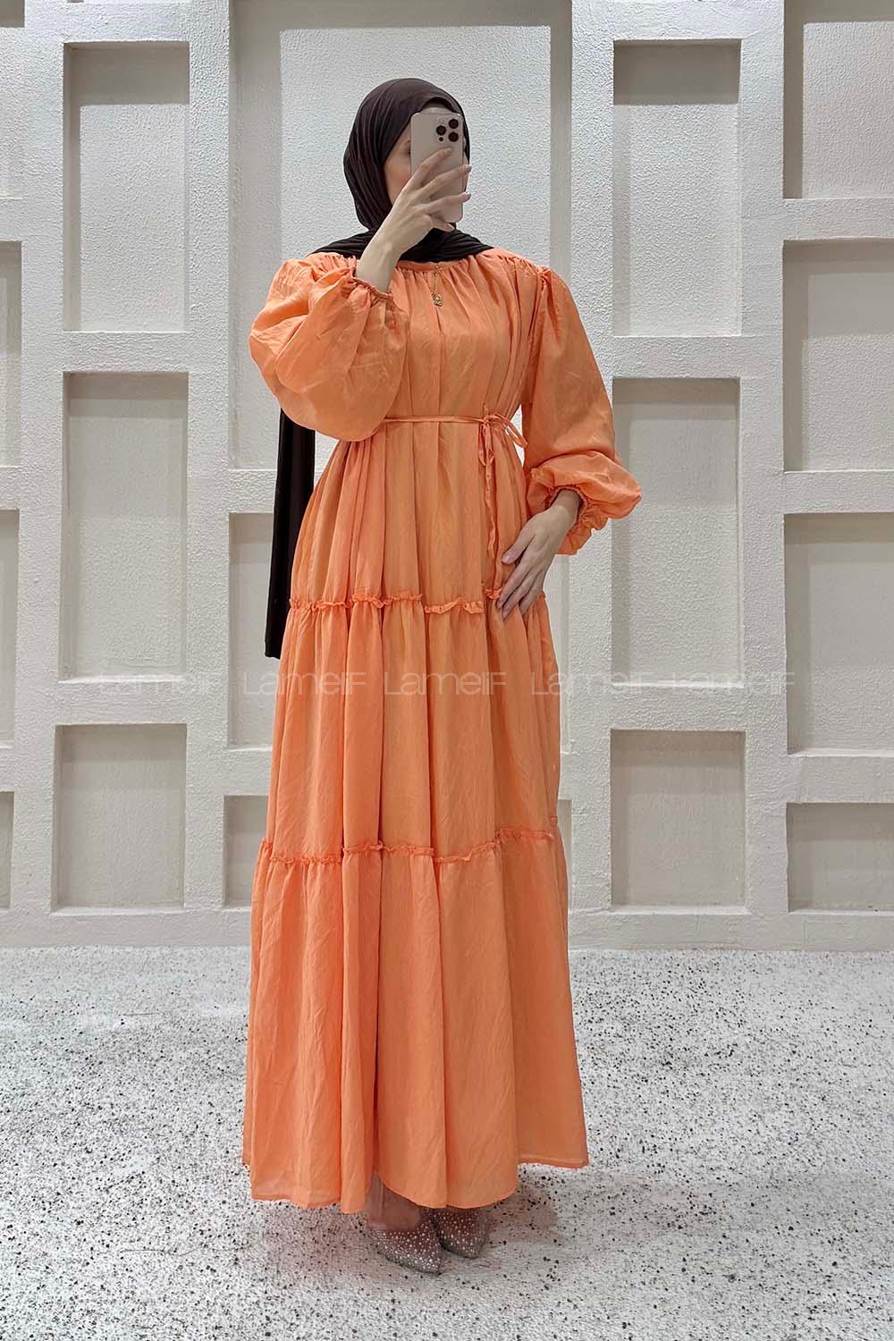 Orange Crew Neck Ayrobin Unprinted Dresess