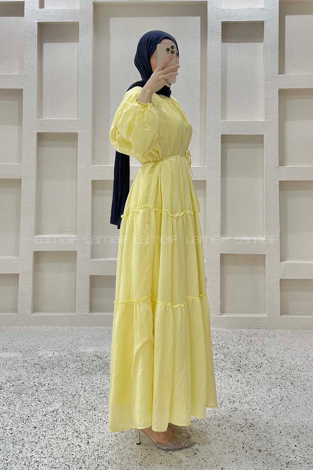 Yellow Crew Neck Ayrobin Unprinted Dresess