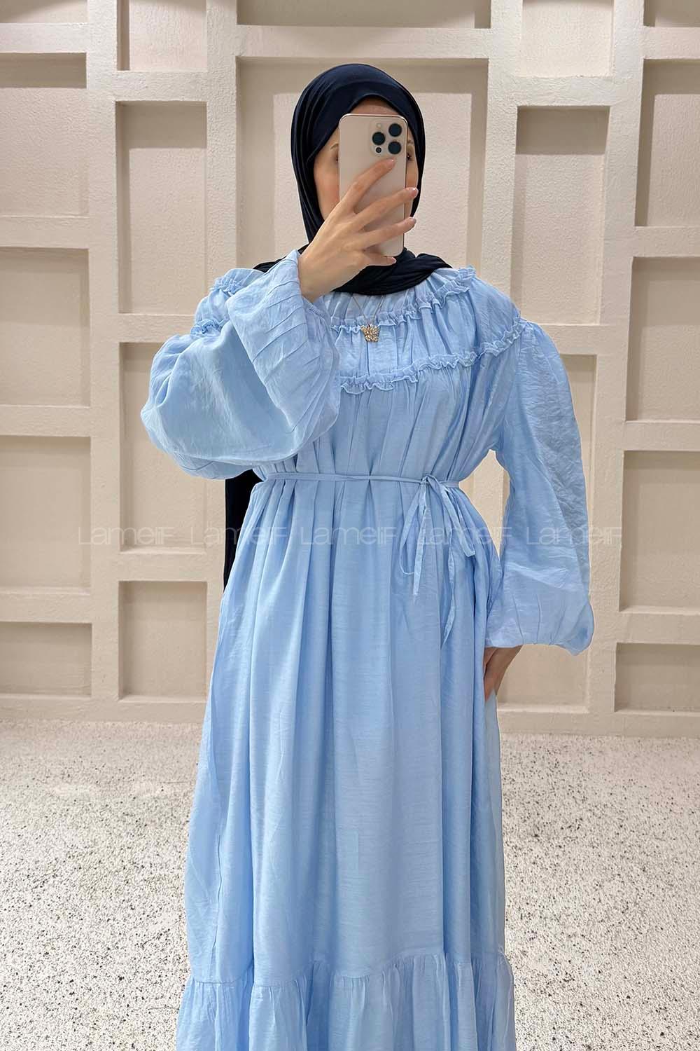 Baby Blue Crew Neck Ayrobin Unprinted Dresess