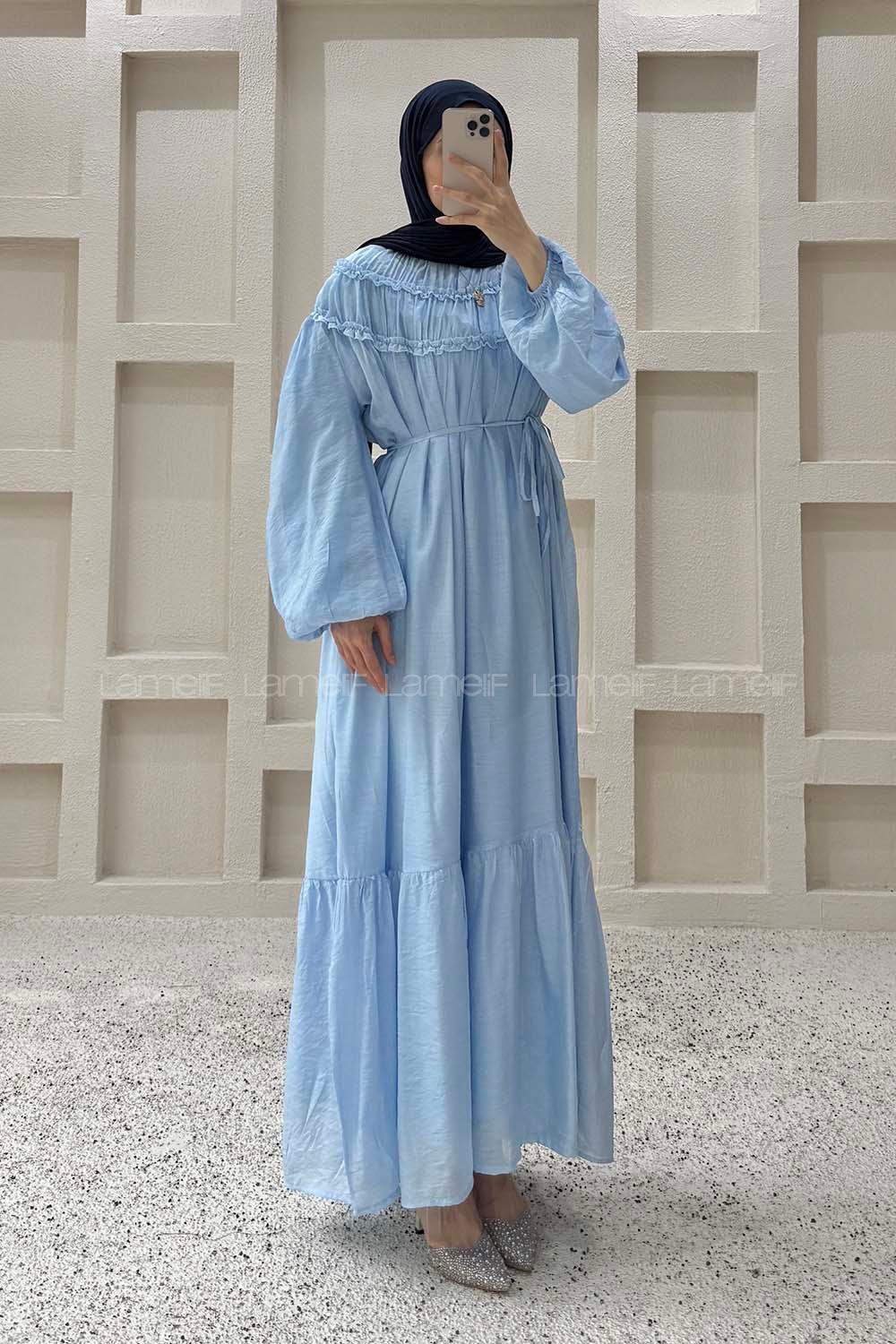Baby Blue Crew Neck Ayrobin Unprinted Dresess