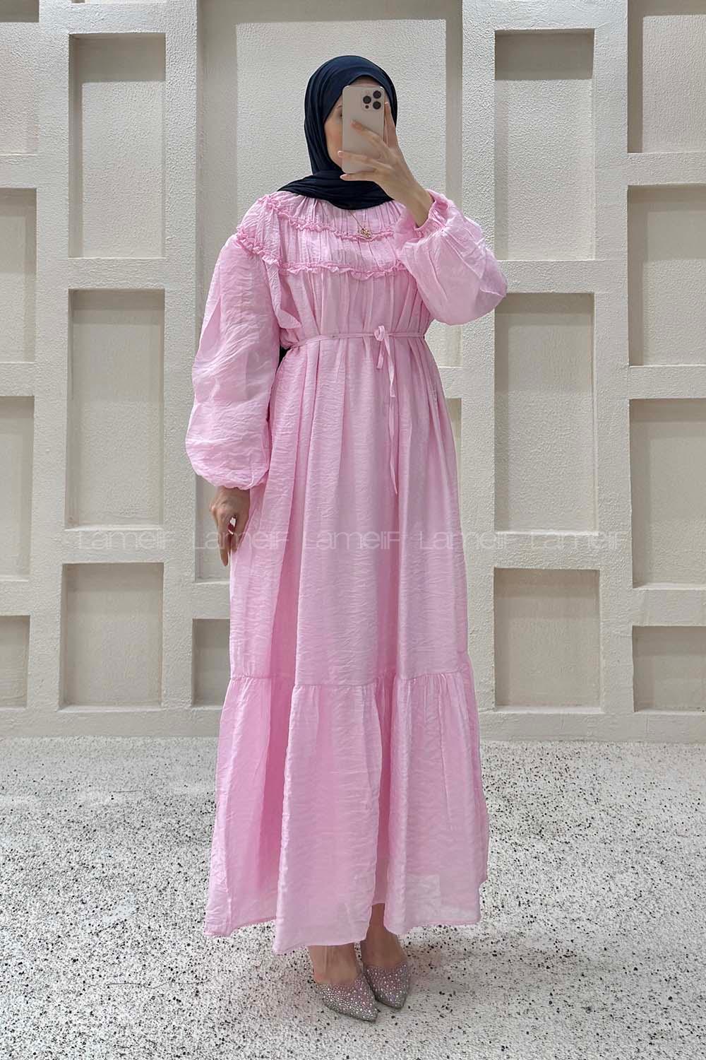 Lamelif Robası Fırfırlı Bağlamalı Elbise Pembe