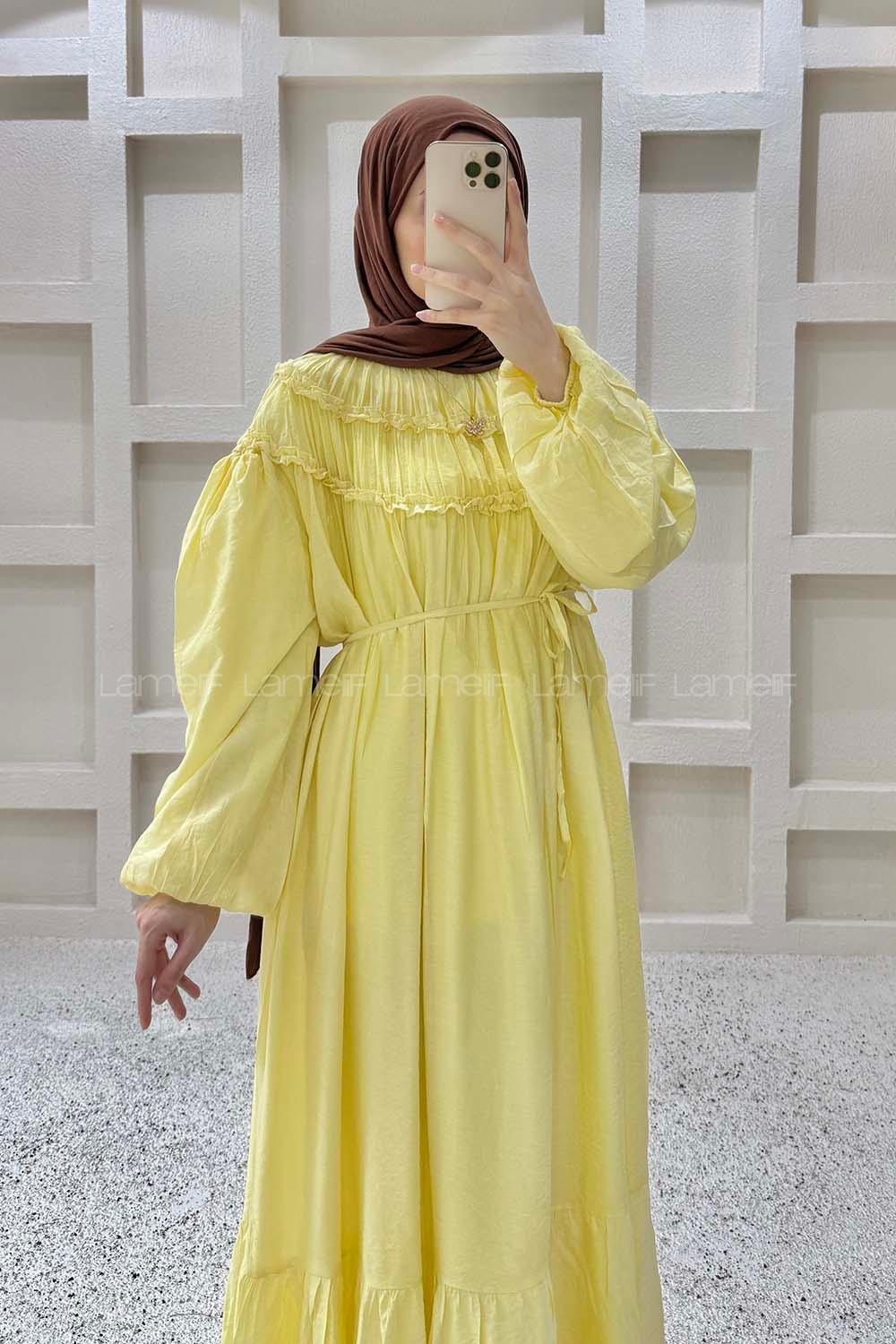 Lamelif Robası Fırfırlı Bağlamalı Elbise Sarı
