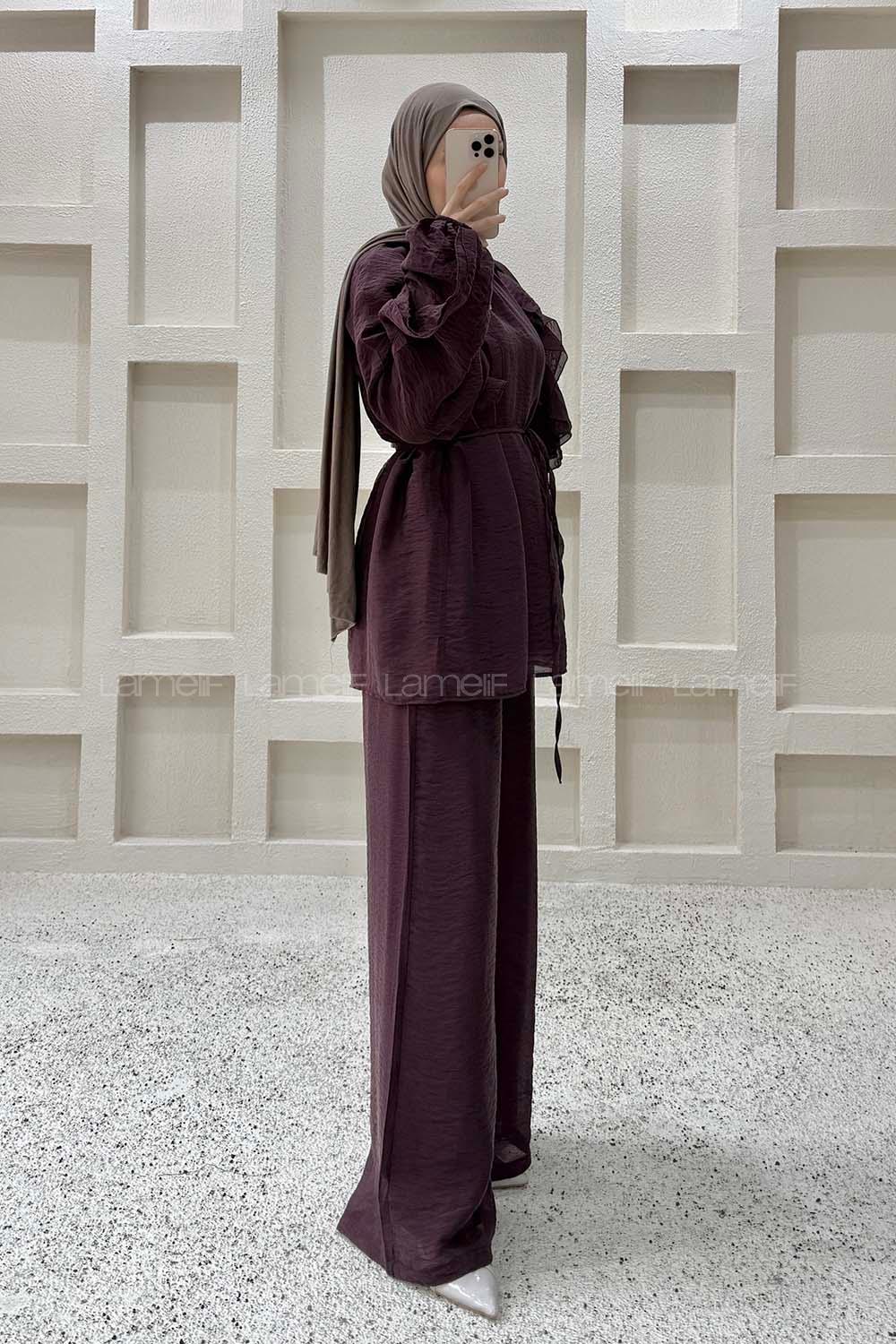 Plum Crew Neck Long Arm Sandy Fabric Regular Trousers Comfortable Suit