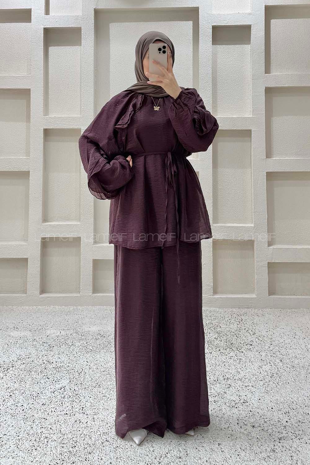 Plum Crew Neck Long Arm Sandy Fabric Regular Trousers Comfortable Suit