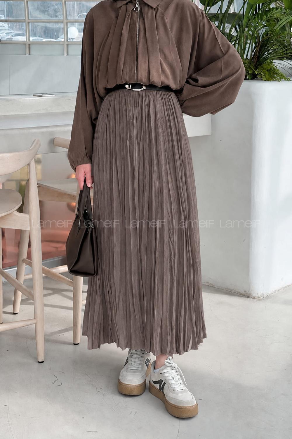 Lamelif Kraşlı Tesettür Etek Soft Kahve
