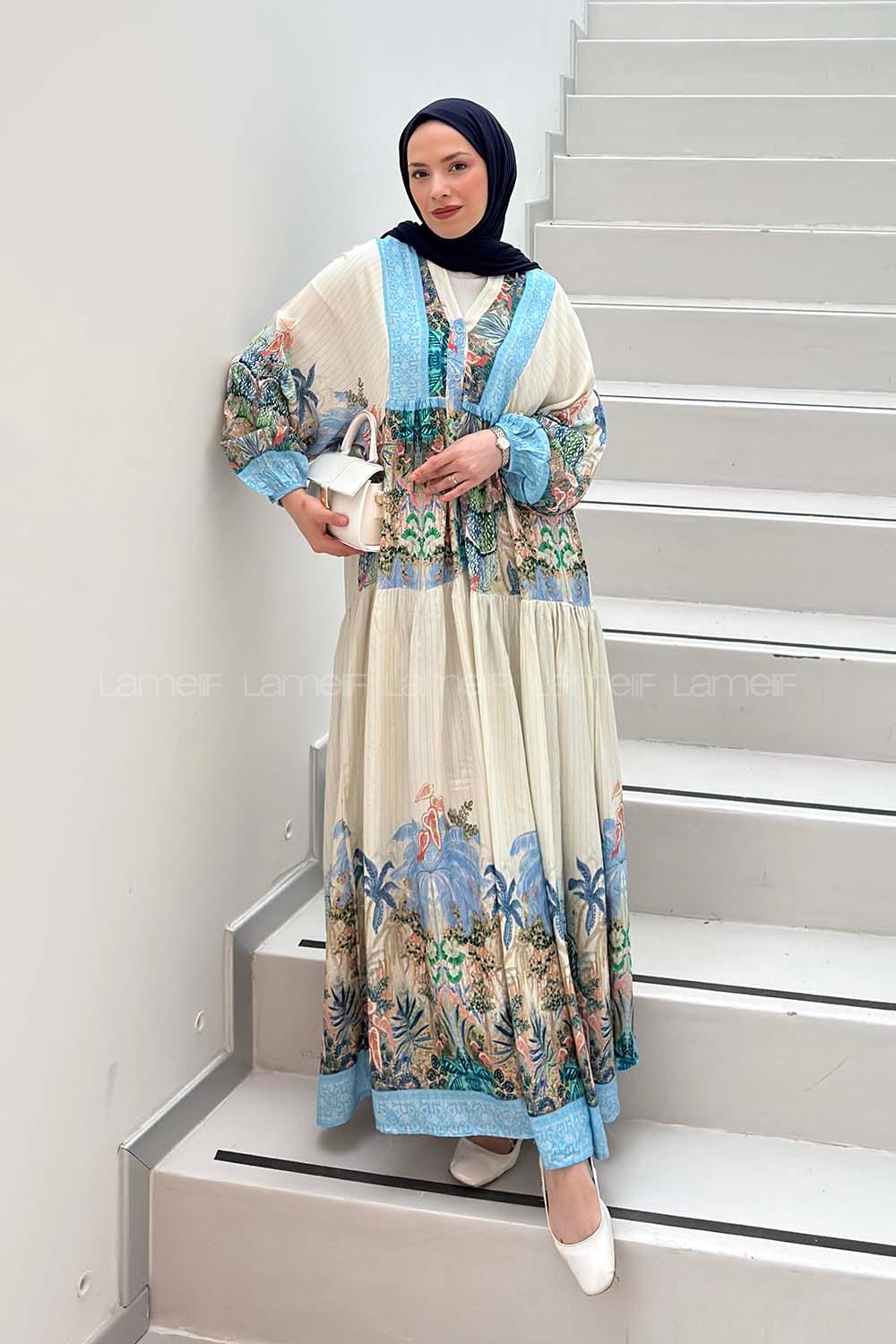 Lamelif Baskılı Çizgi Detaylı Elbise