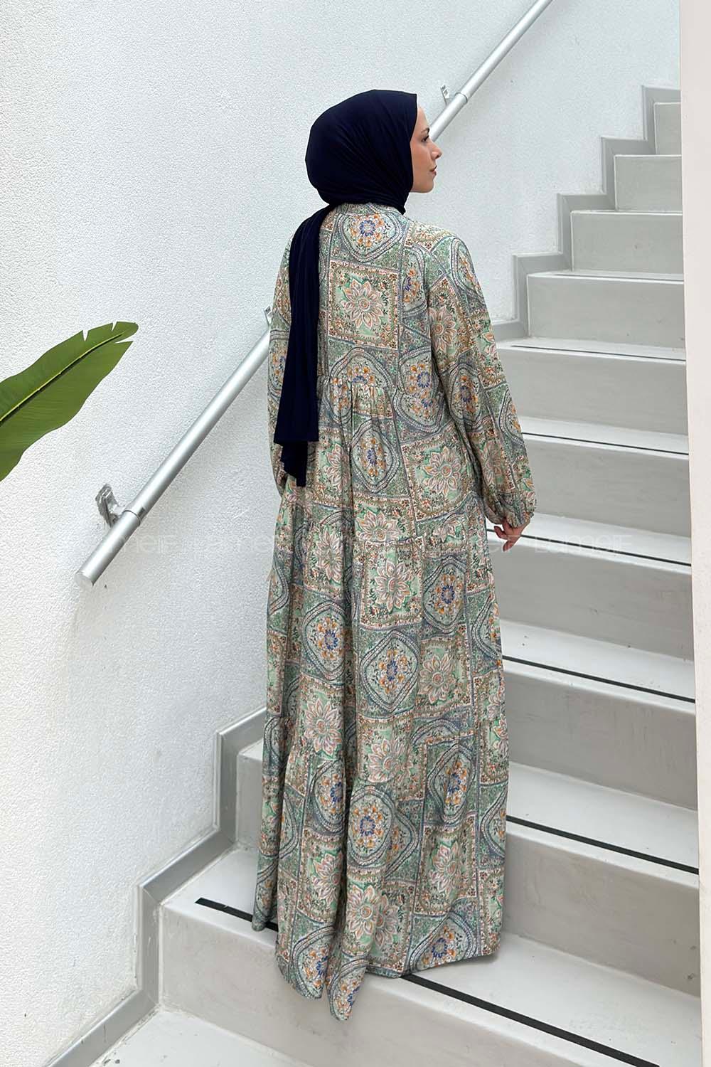 Lamelif Katleya Çiçek Desenli Elbise Yeşil