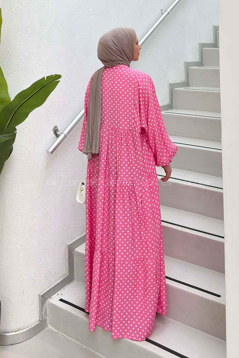 Lamelif Puantiye Desenl Elbise Pembe