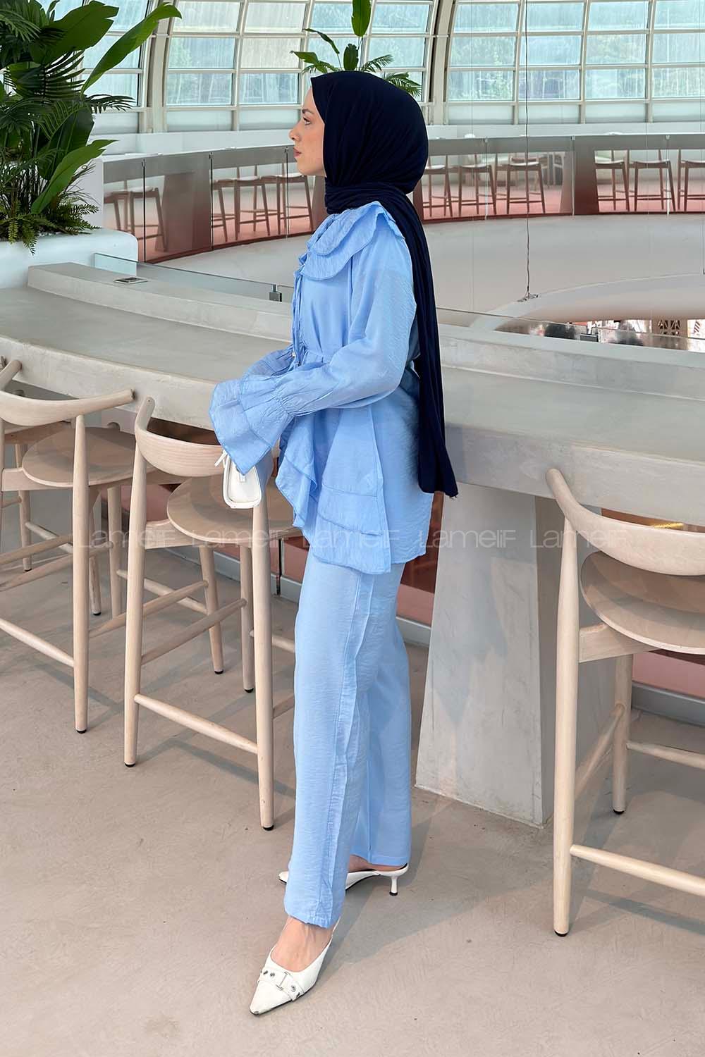 Baby Blue Normal Neck Long Arm Cotton Regular Trousers Comfortable Suit