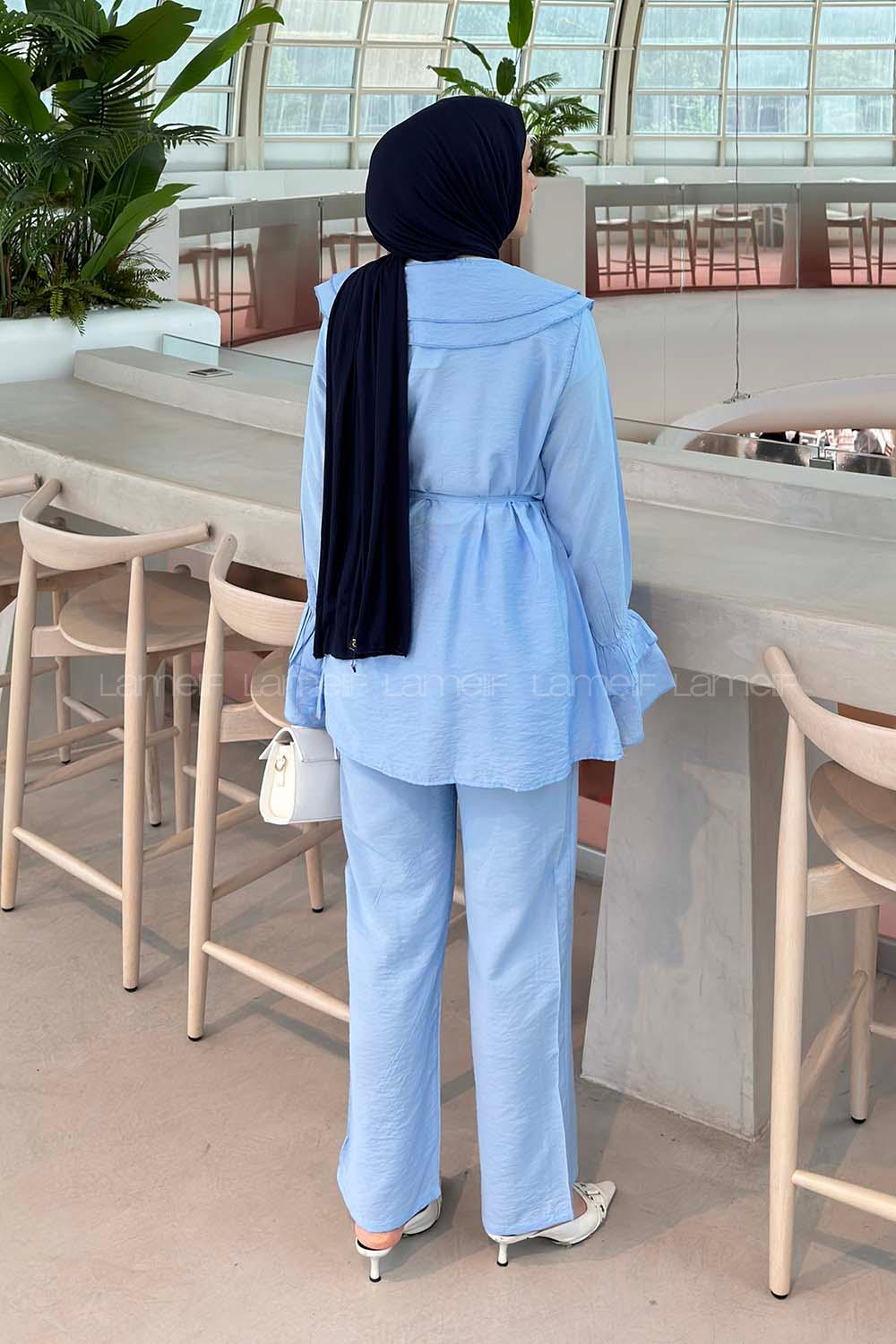 Baby Blue Normal Neck Long Arm Cotton Regular Trousers Comfortable Suit