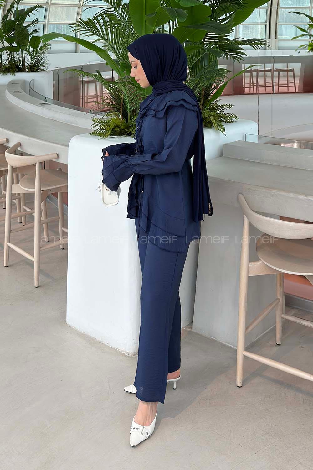 Lamelif Volanlı Bağlama Detaylı Pantolonlu Takım Lacivert