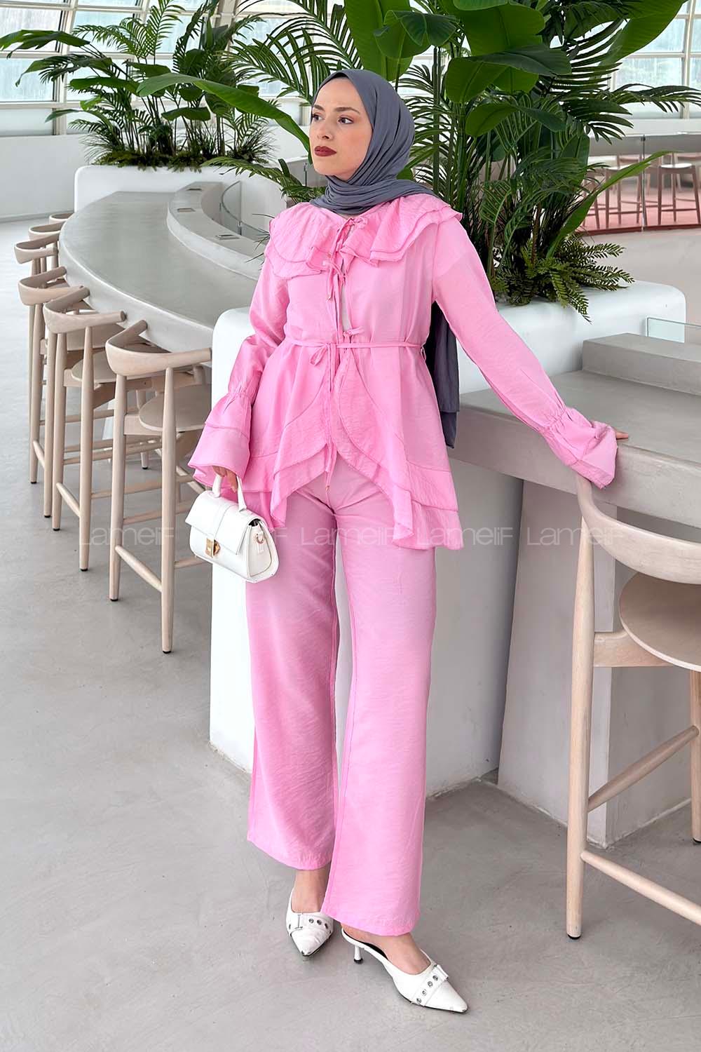Lamelif Volanlı Bağlama Detaylı Pantolonlu Takım Pembe