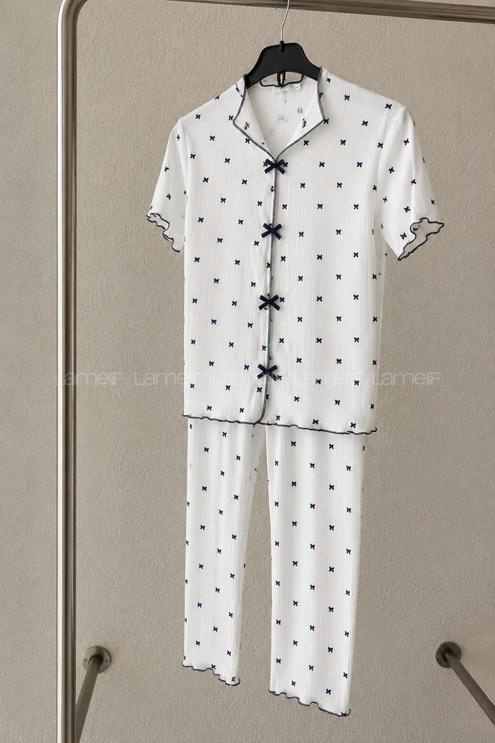 Lamelif Kadın Kurdele Desenli Fiyonk Özel Dikiş Pijama Takımı
