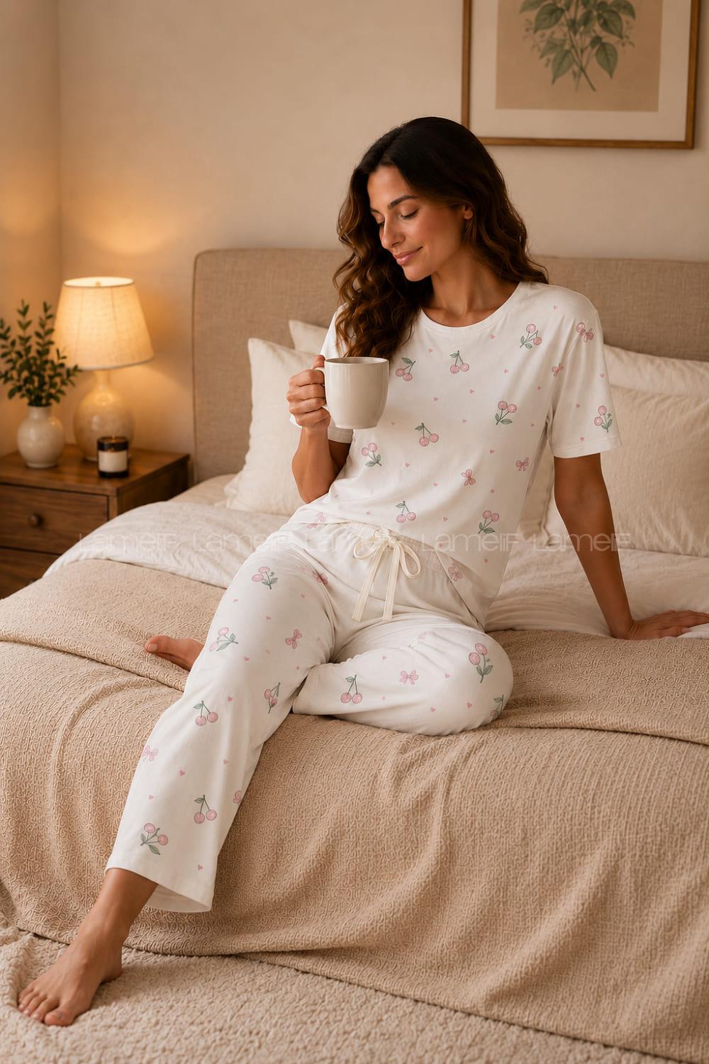 Lamelif Kadın Milan Kumaş Kiraz Desen  Pijama Takımı