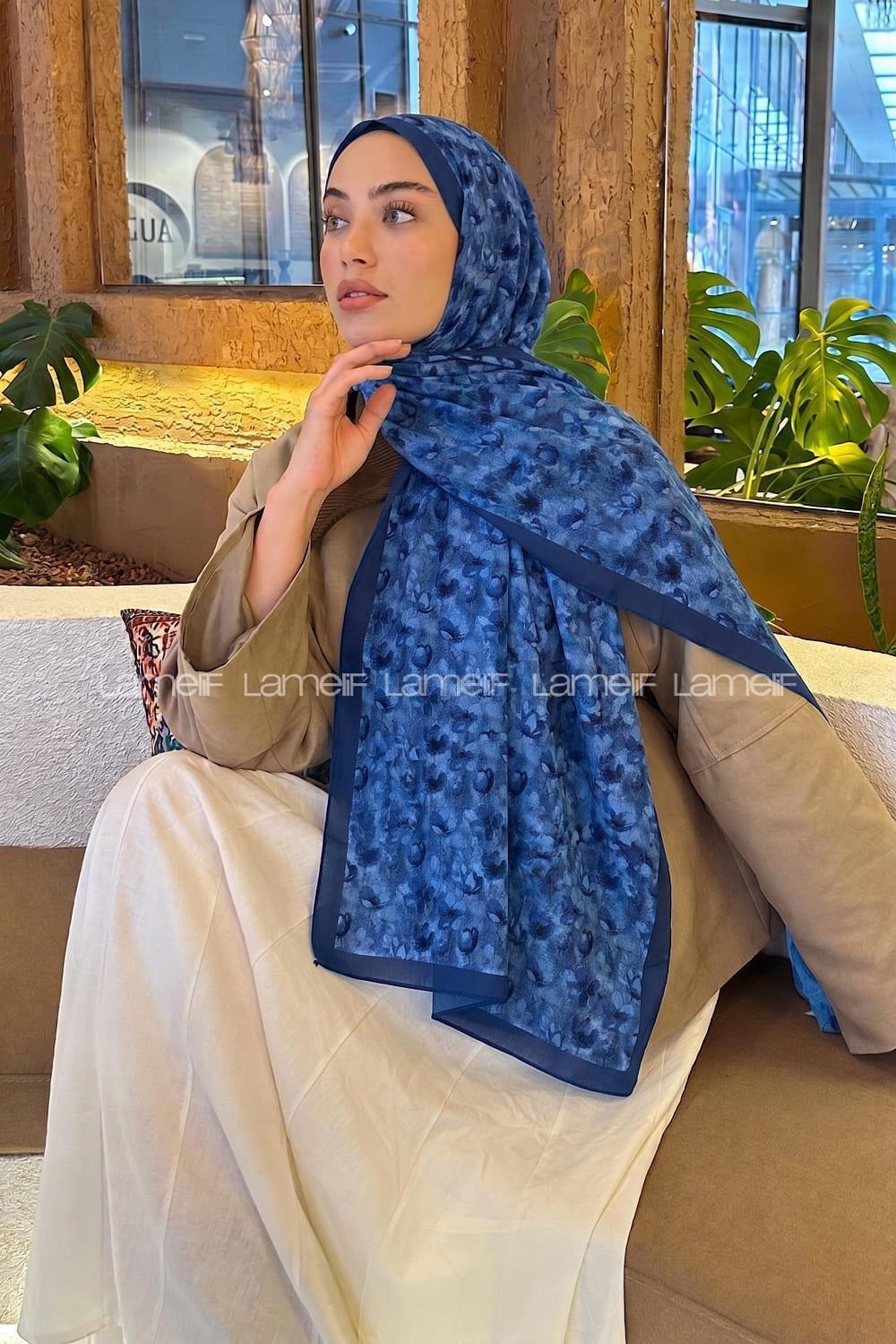 Lamelif Çiçek Desen Lara Soft Şal Gece Mavisi