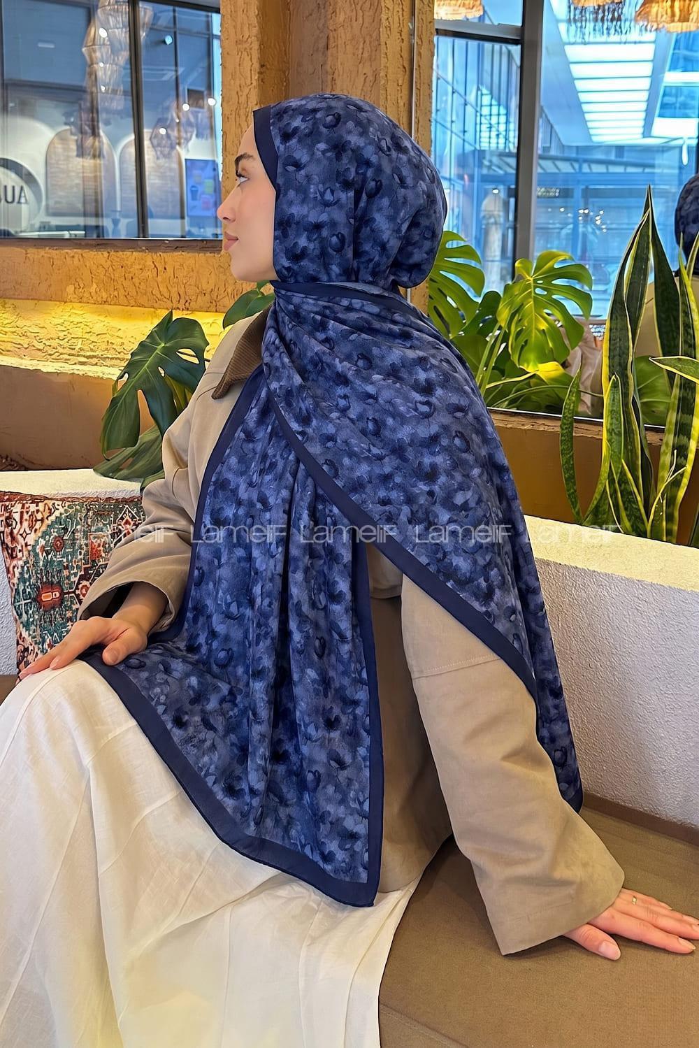 Lamelif Çiçek Desen Lara Soft Şal Gece Mavisi