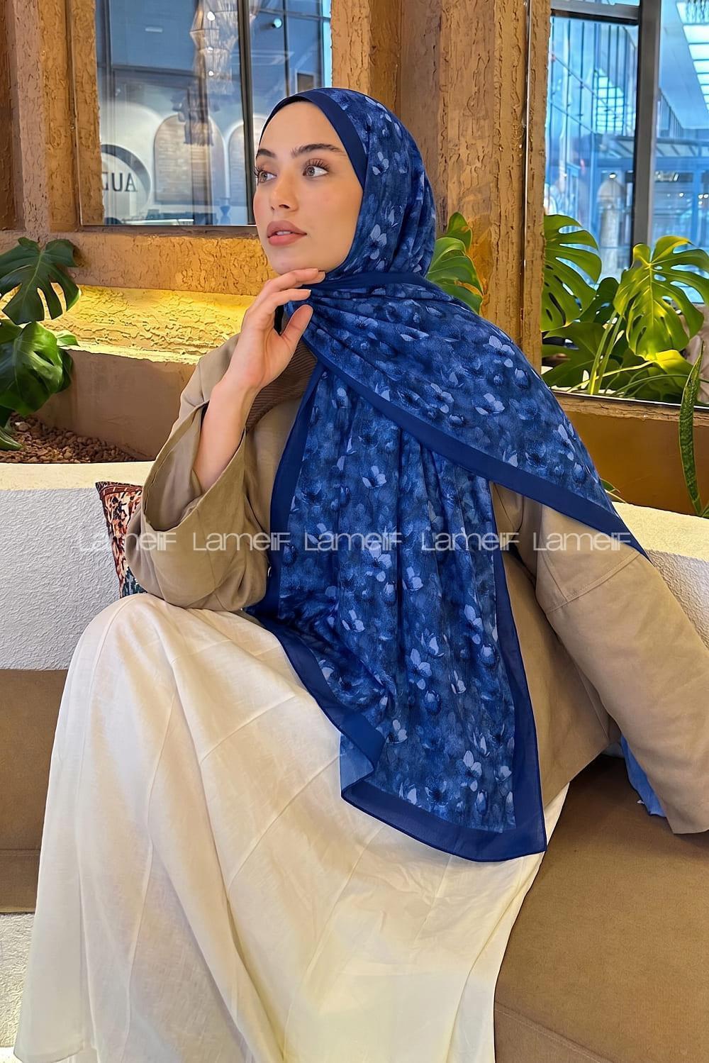 Lamelif Çiçek Desen Lara Soft Şal Lacivert