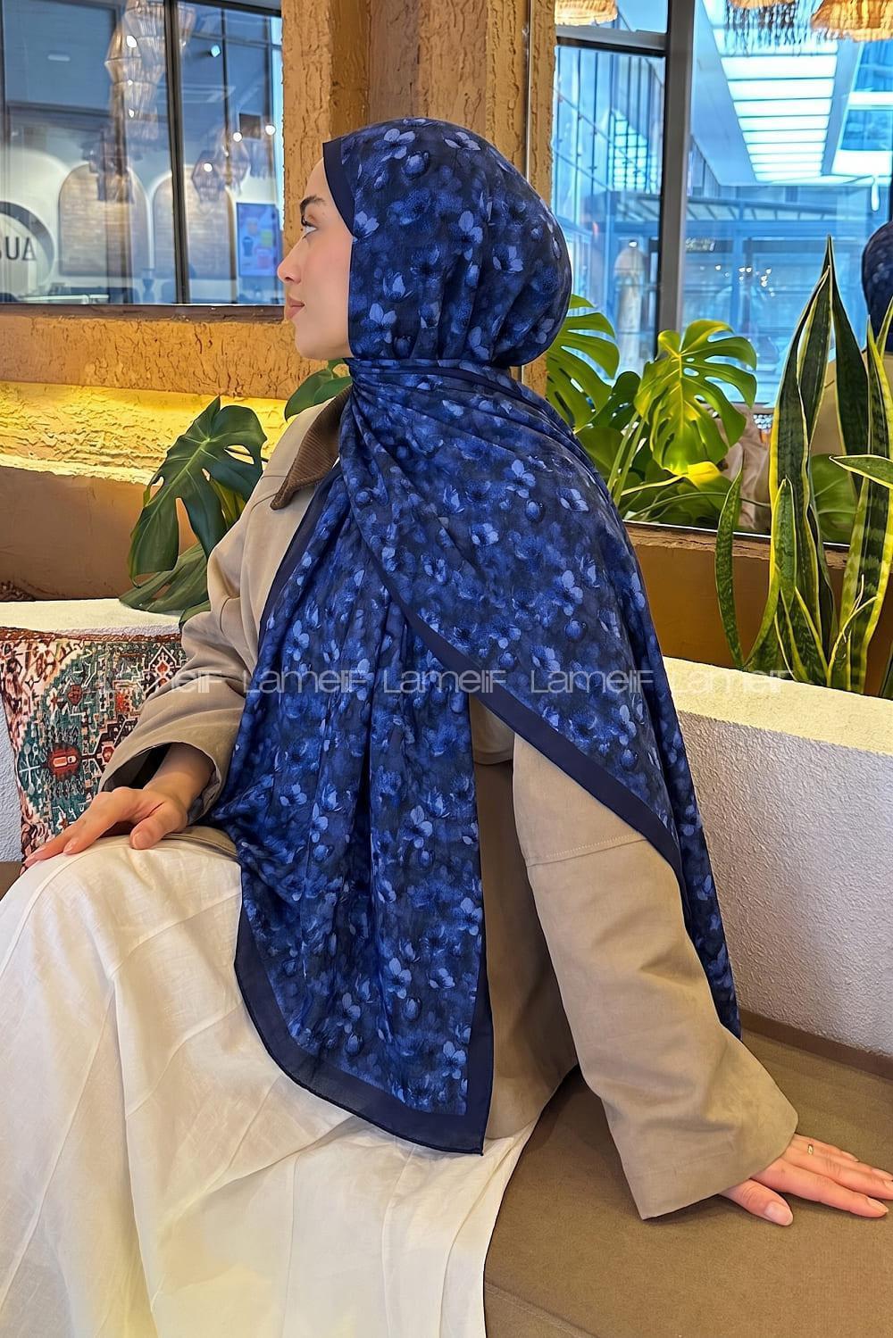 Lamelif Çiçek Desen Lara Soft Şal Lacivert