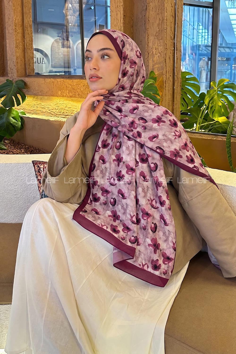 Lamelif Çiçek Desen Lara Soft Şal Mürdüm