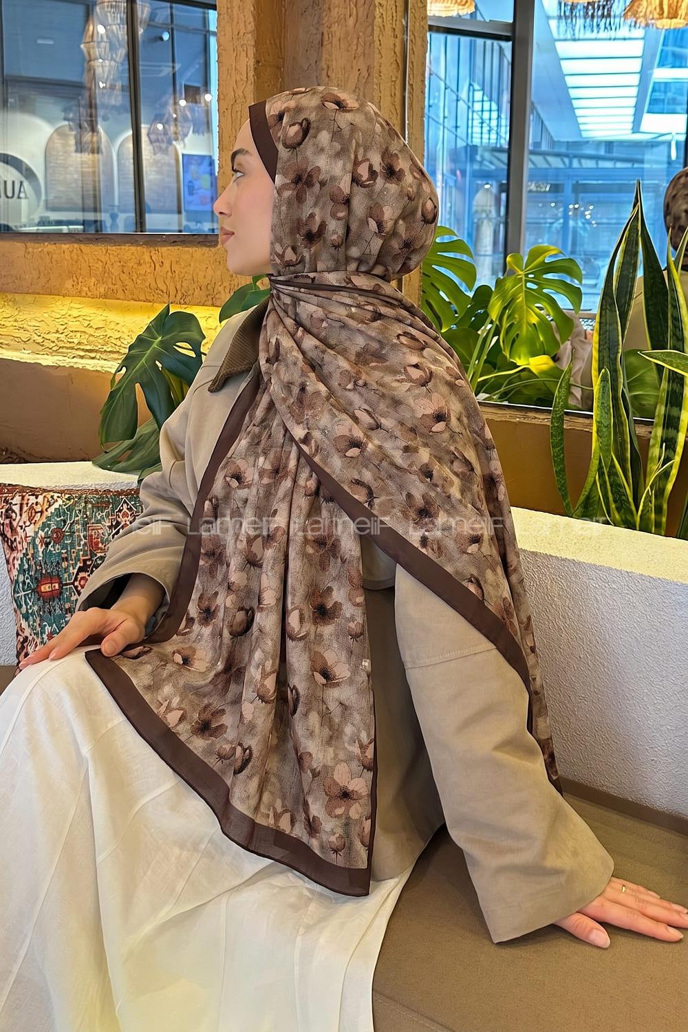 Lamelif Çiçek Desen Lara Soft Şal Vizon