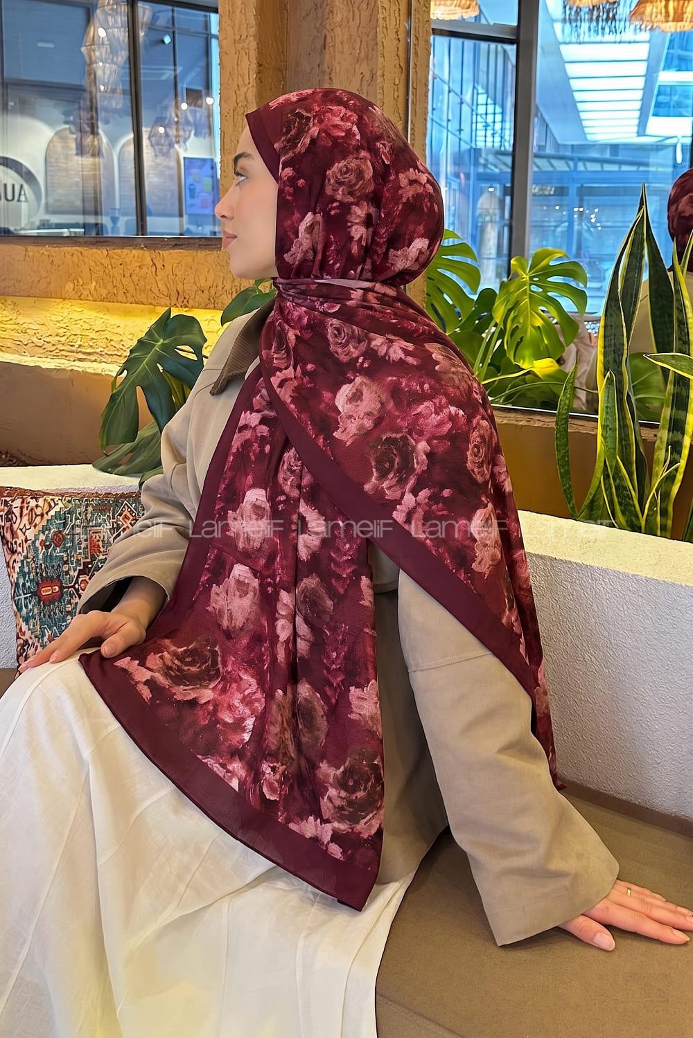 Lamelif Gül Çiçek Desen Lara Soft Şal Bordo