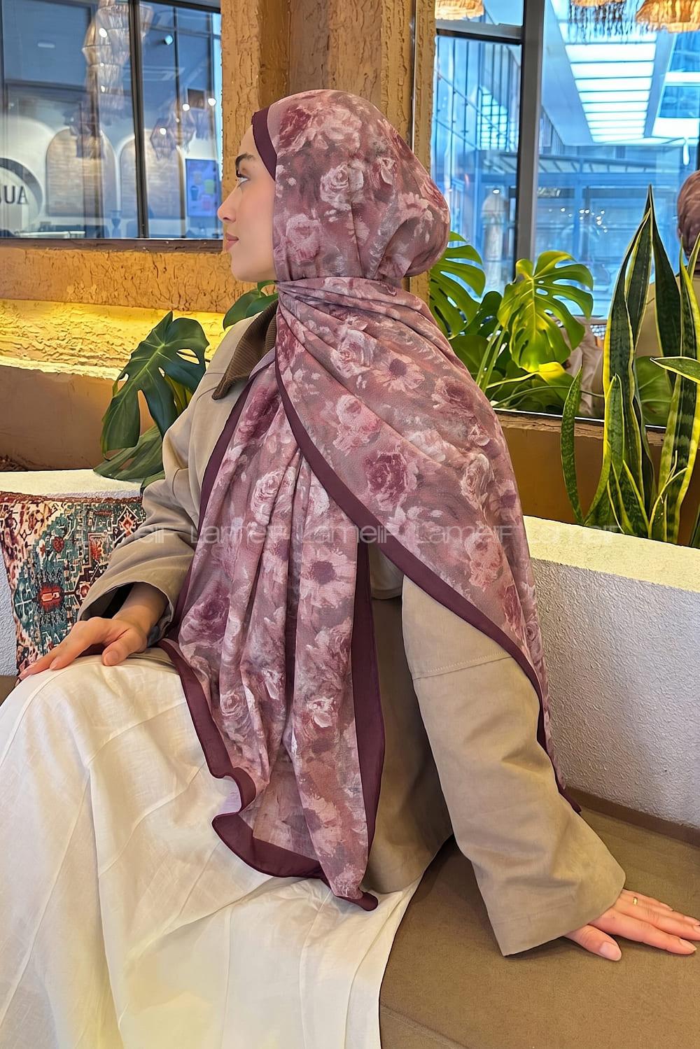 Lamelif Gül Çiçek Desen Lara Soft Şal Eflatun