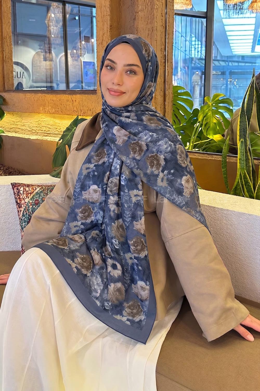 Lamelif Gül Çiçek Desen Lara Soft Şal Kot Mavi