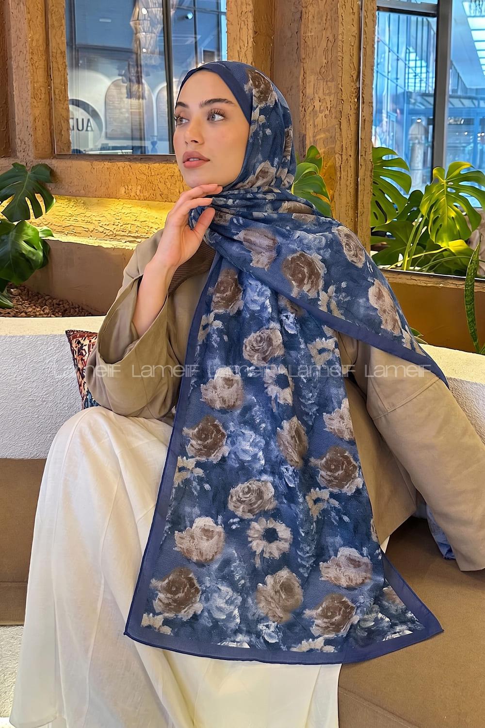Lamelif Gül Çiçek Desen Lara Soft Şal Kot Mavi