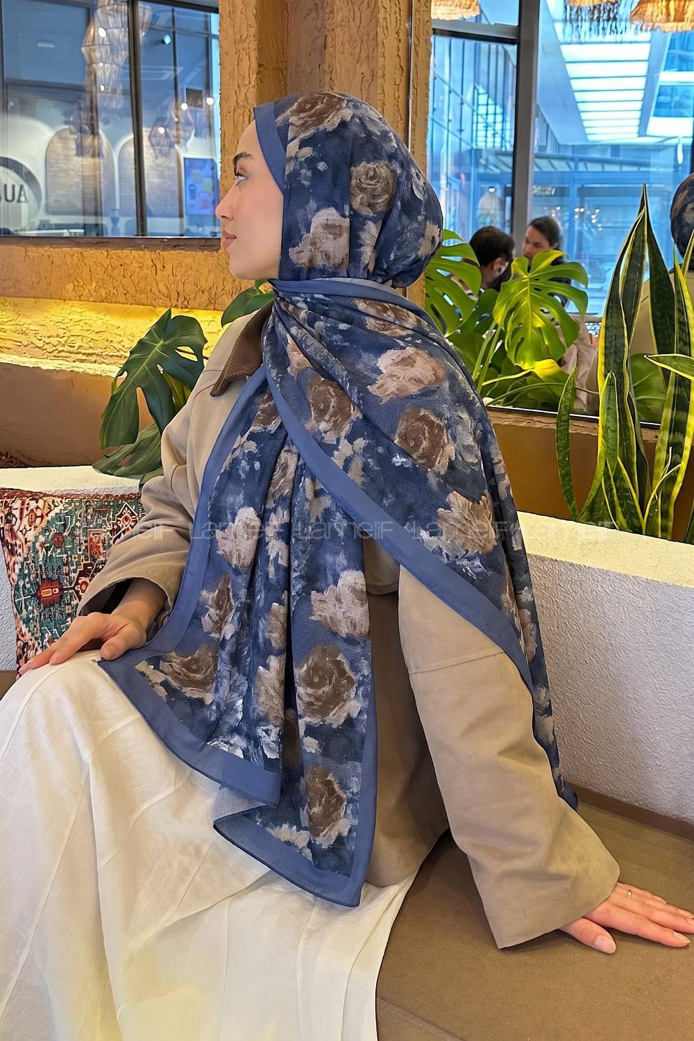 Lamelif Gül Çiçek Desen Lara Soft Şal Kot Mavi