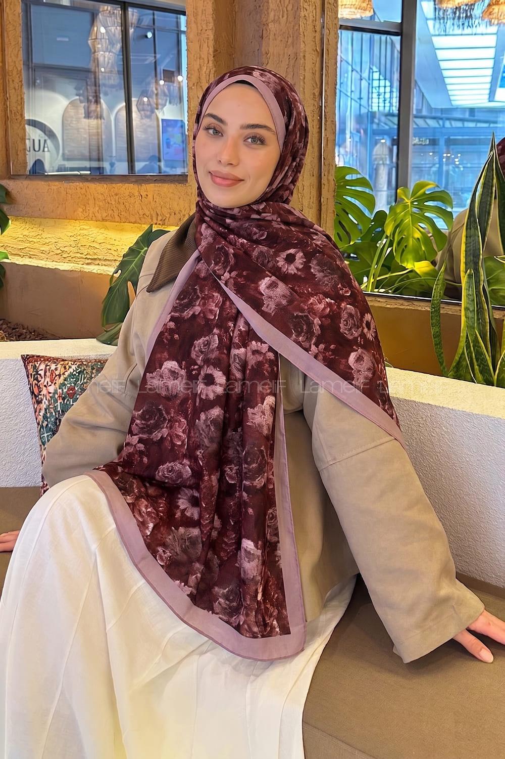 Lamelif Gül Çiçek Desen Lara Soft Şal Koyu Bordo