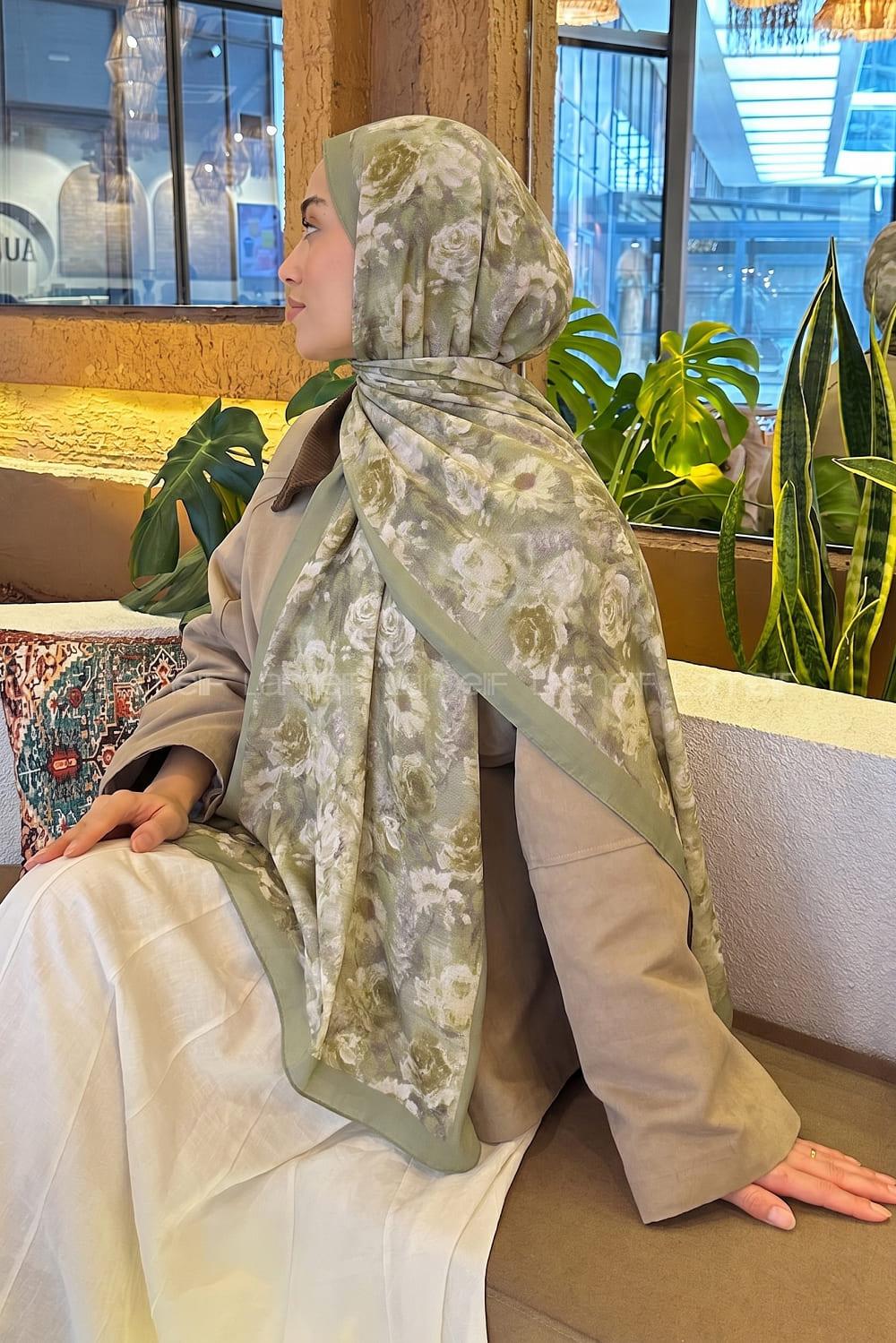 Lamelif Gül Çiçek Desen Lara Soft Şal Mint Yeşili