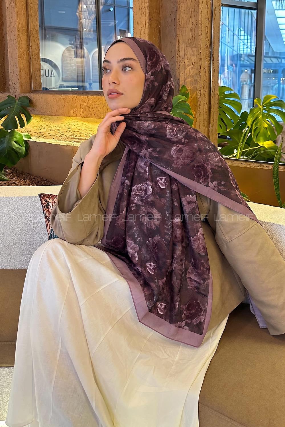 Lamelif Gül Çiçek Desen Lara Soft Şal Mürdüm