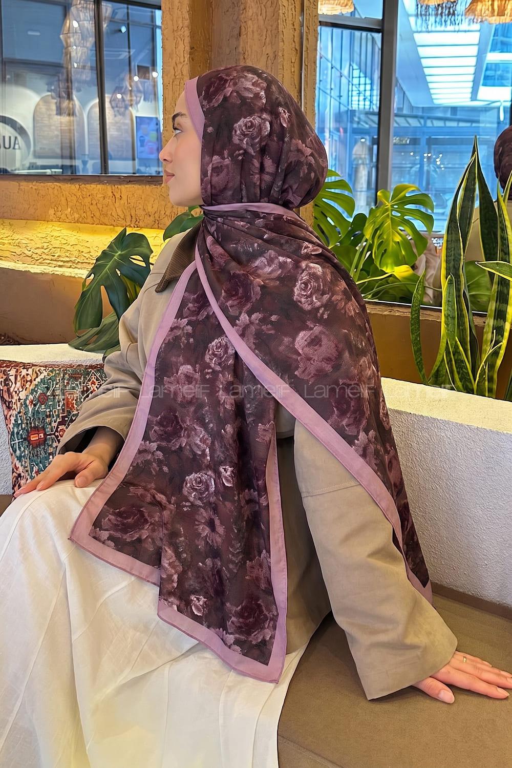 Lamelif Gül Çiçek Desen Lara Soft Şal Mürdüm