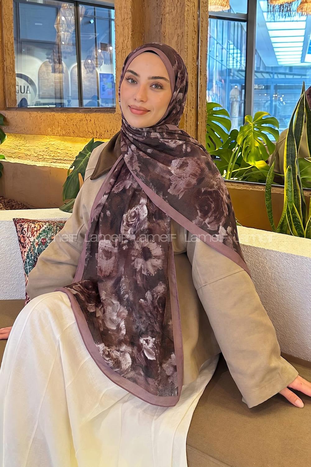 Lamelif Gül Çiçek Desen Lara Soft Şal Soft Kahve