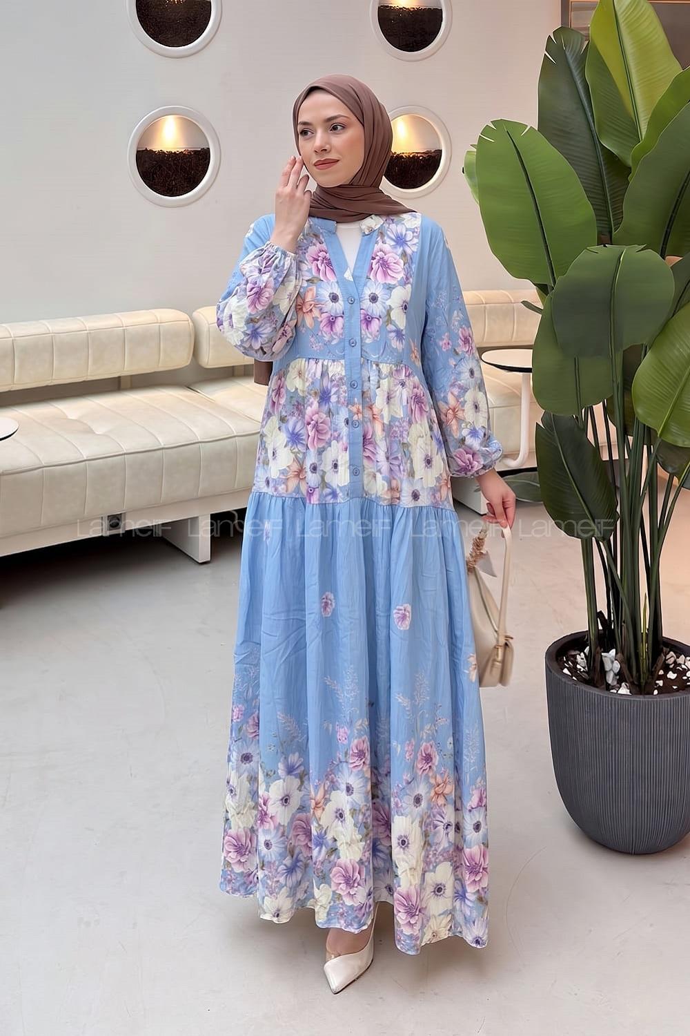 Baby Blue Mandarin Collar Cotton Dresess
