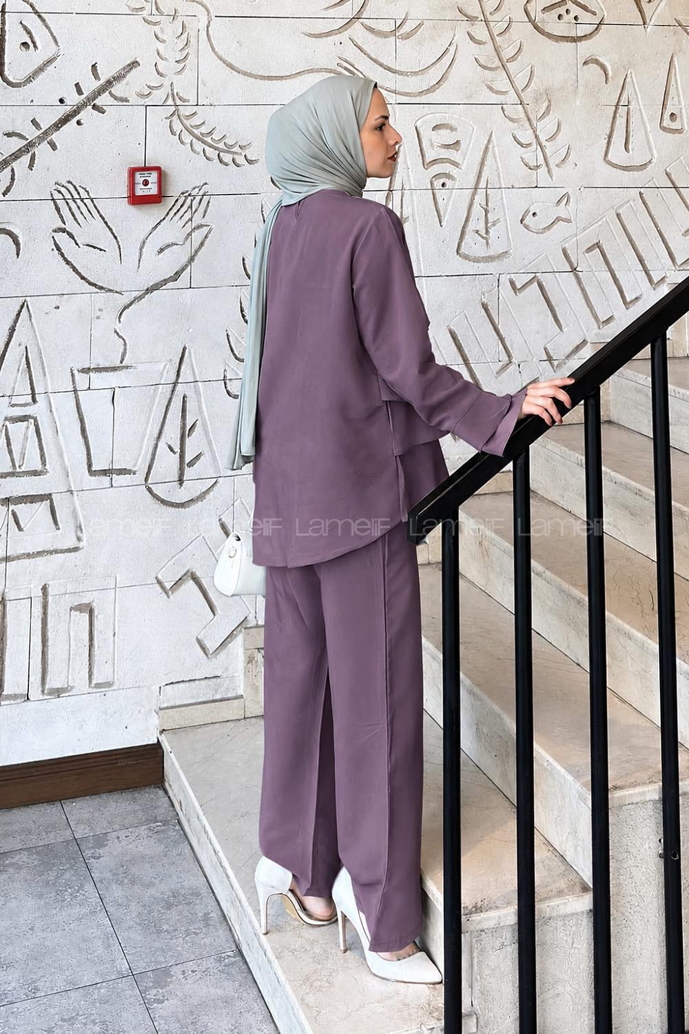Lamelif Kat Detaylı Pantolonlu Takım Mürdüm