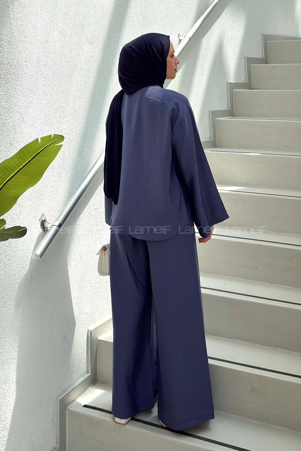 Indigo V Neck Long Arm Sandy Fabric Regular Trousers Comfortable Suit