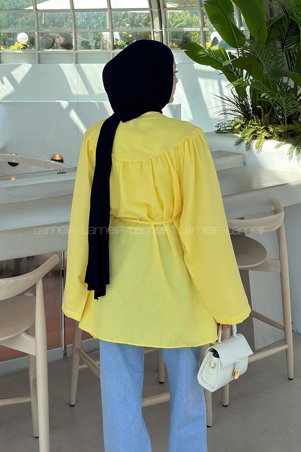 Lamelif Bağlama Detaylı Tesettür Gömlek Sarı