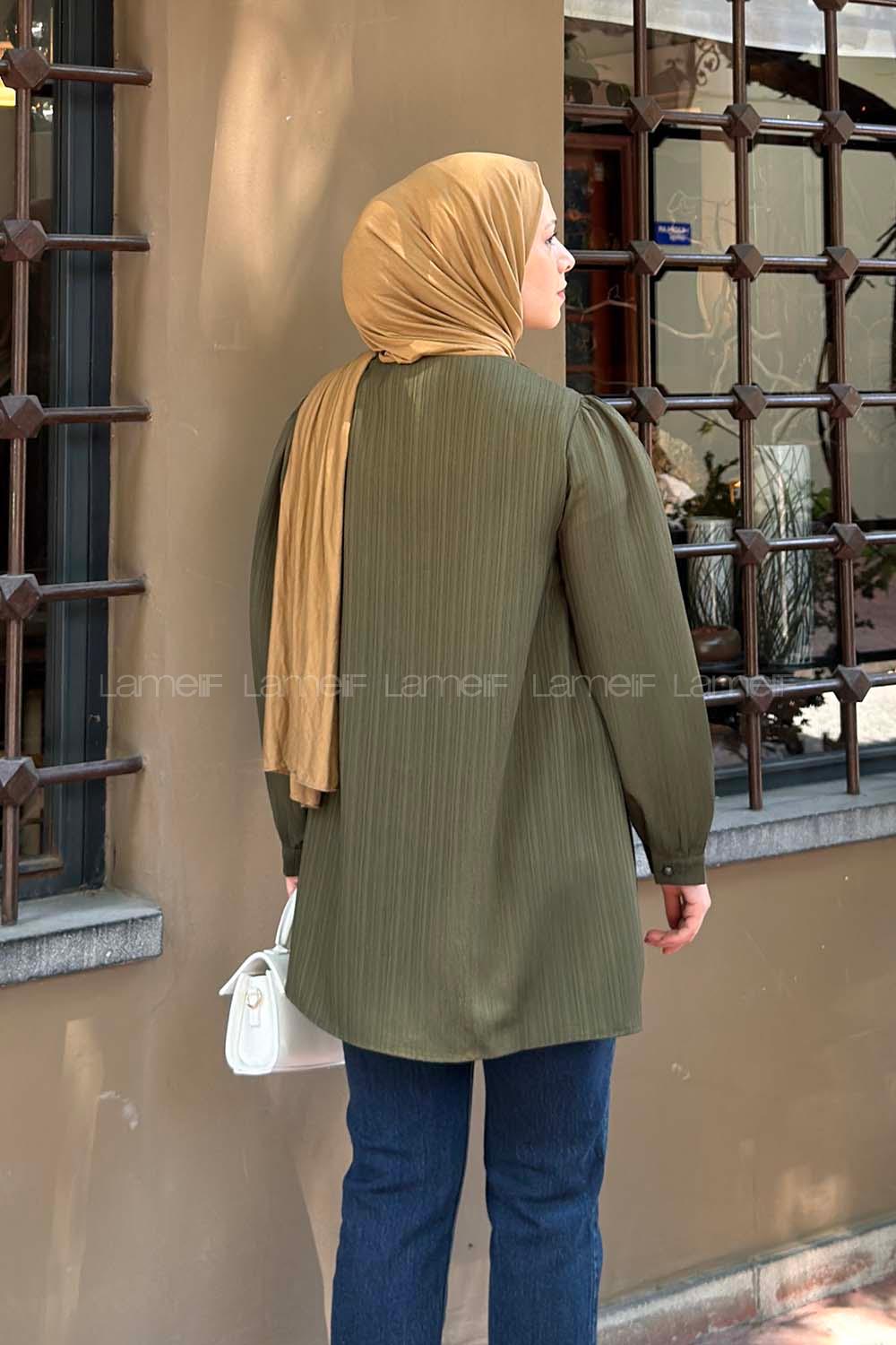 Lamelif Brit Düğmeli V Yaka Gömlek Haki