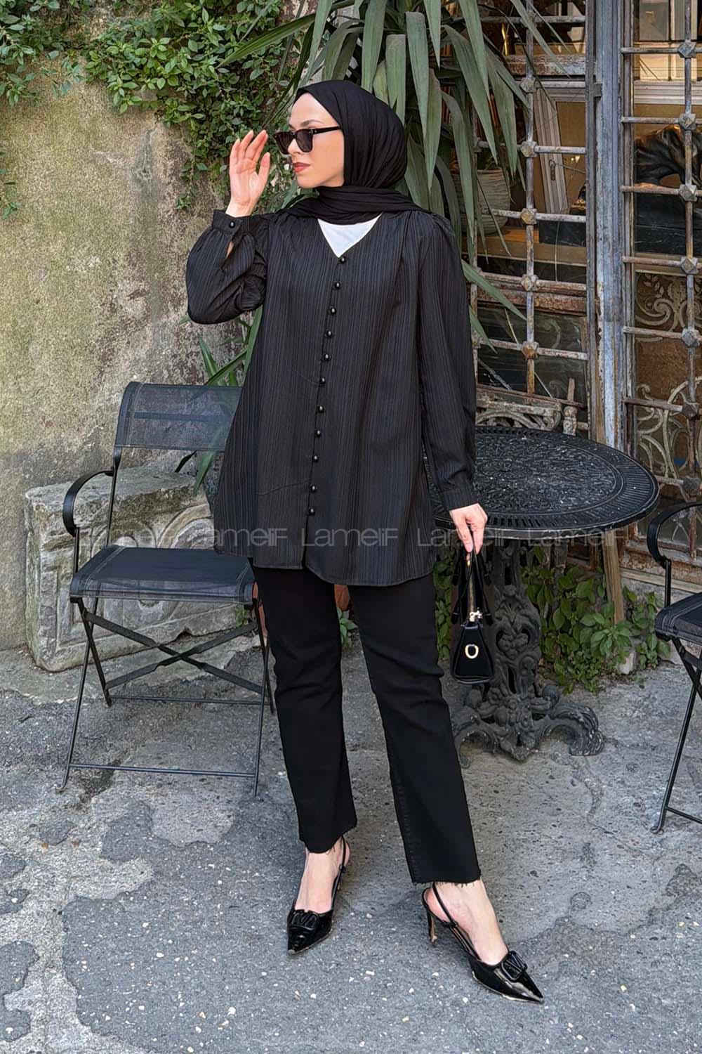 Lamelif Brit Düğmeli V Yaka Gömlek Siyah