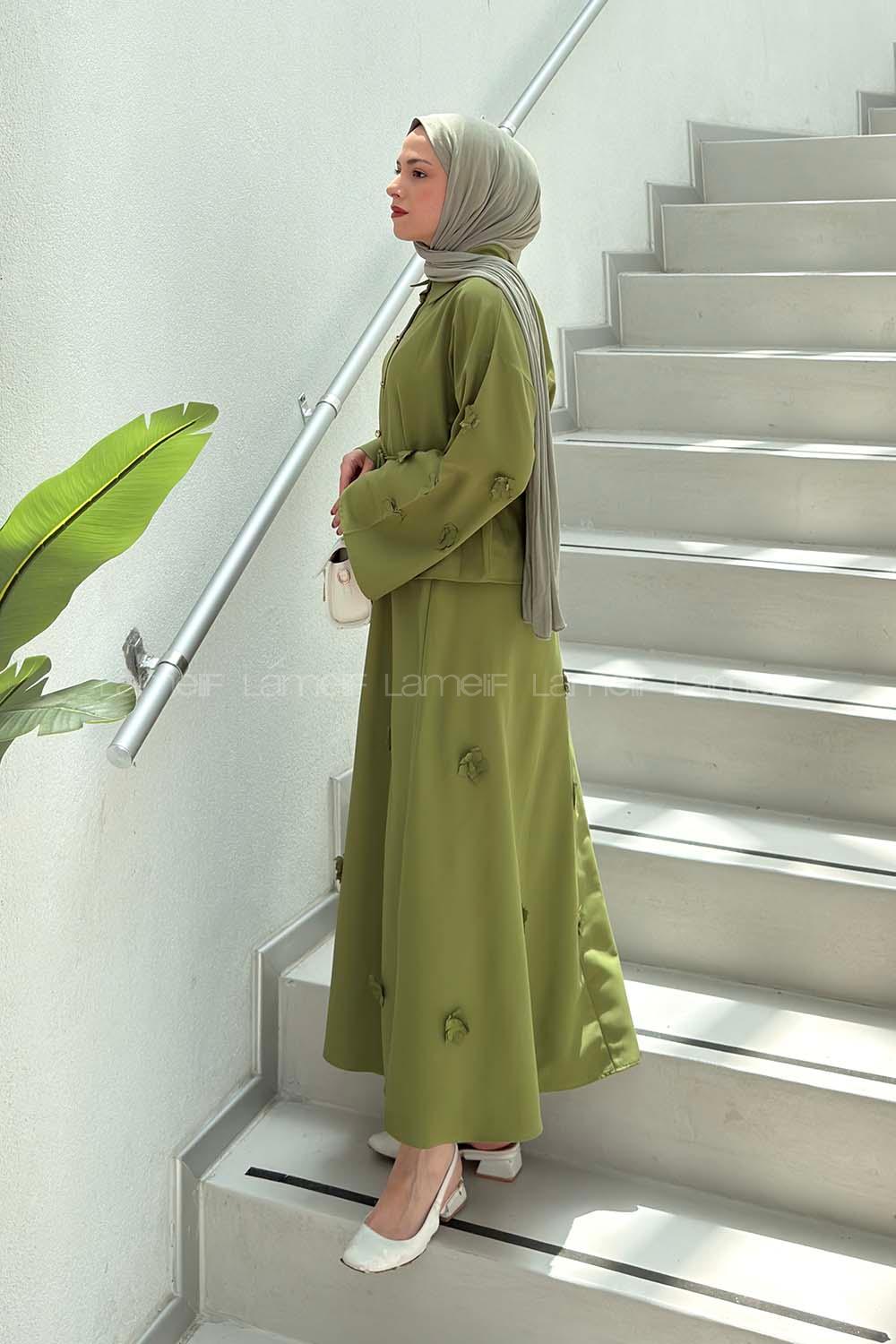 Lamelif Çiçek Detaylı Etekli Takım Yeşil