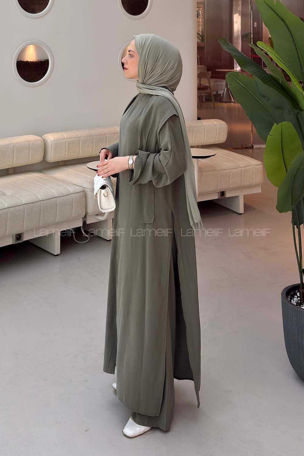 Khaki Neckband Long Arm Cotton Regular Trousers Comfortable Suit