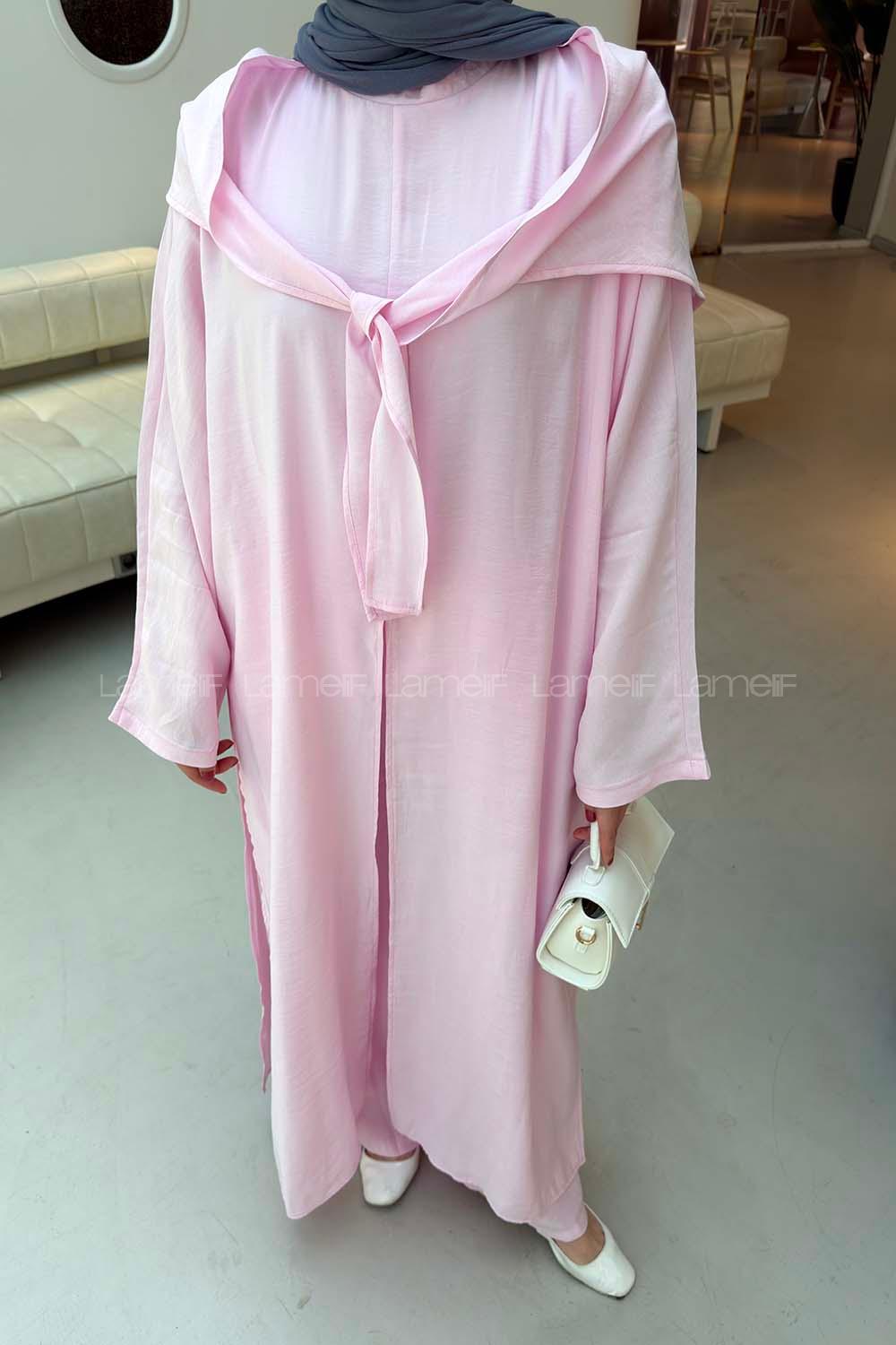 Lamelif Fular Detaylı Elbise-Pantolon Takım Pembe