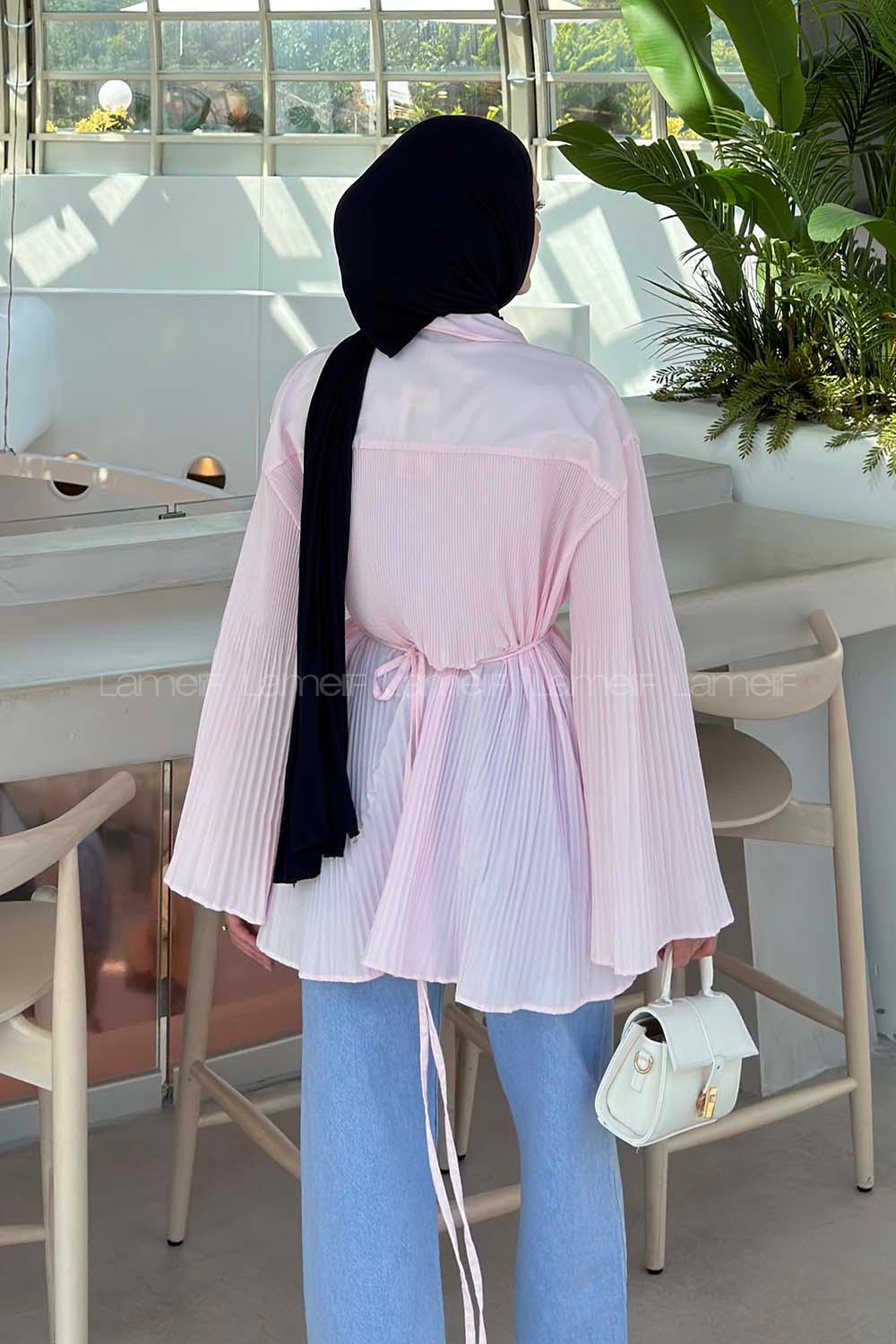 Lamelif Gold Toka Bağlamalı Pliseli Salaş Gömlek Pembe