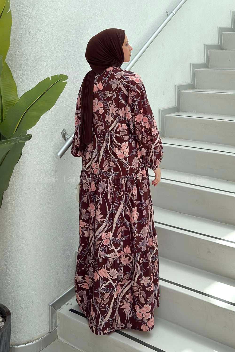 Lamelif Katleya Çiçek Desenli Elbise Acı Kahve