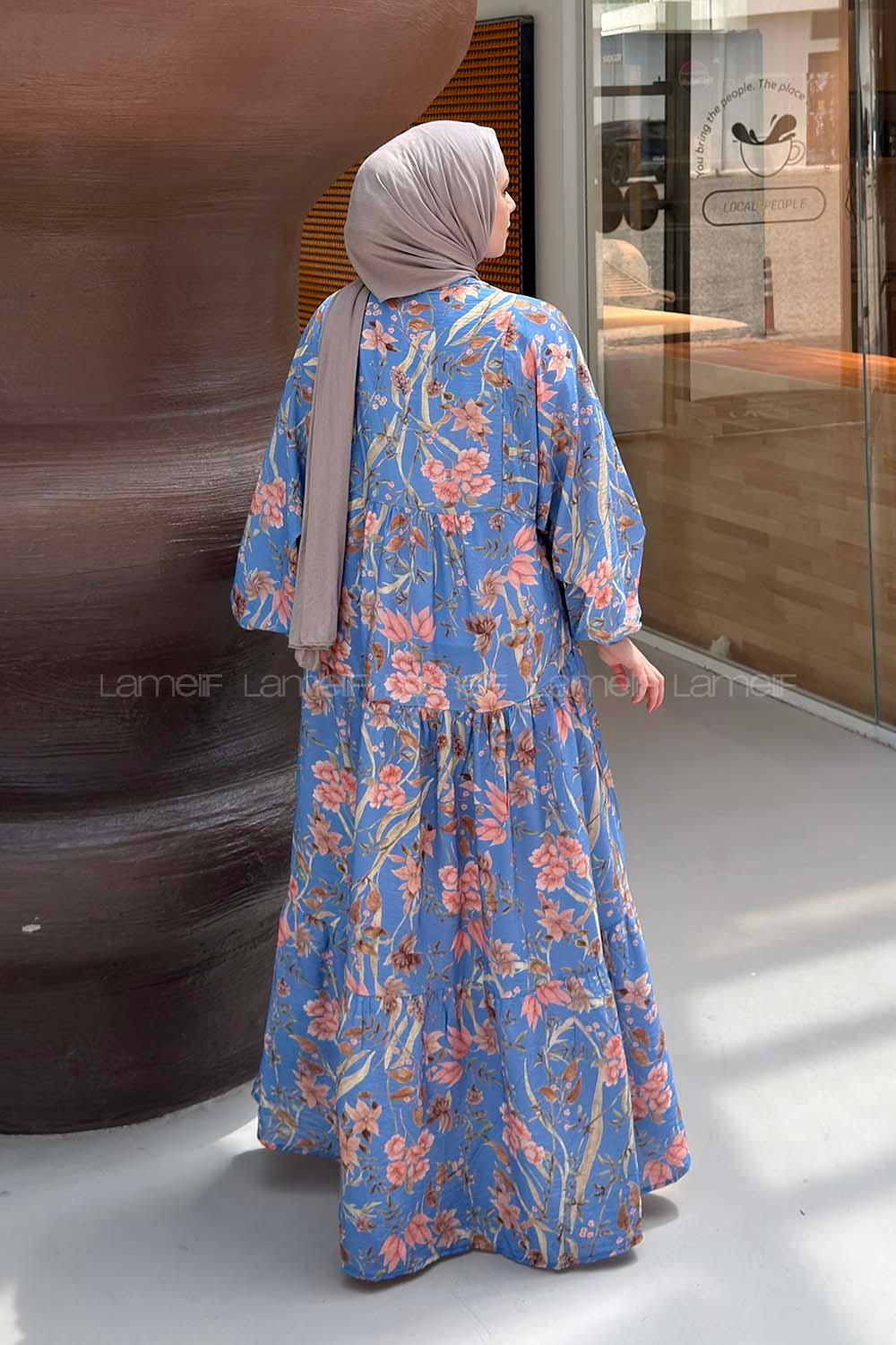 Lamelif Katleya Çiçek Desenli Elbise İndigo