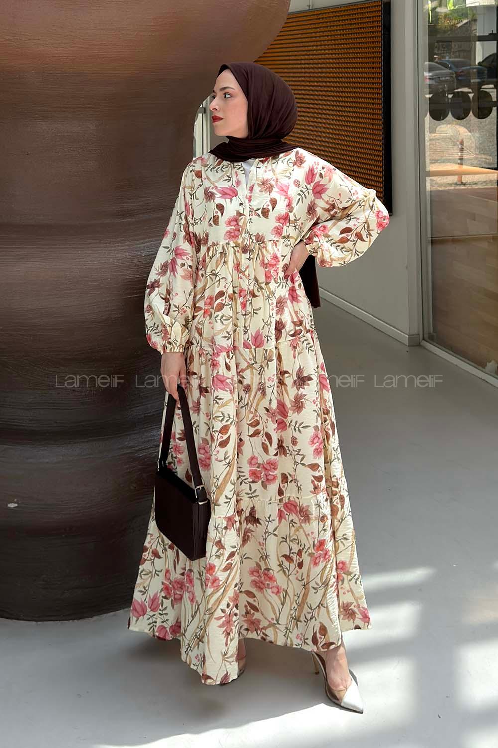 Lamelif Katleya Çiçek Desenli Elbise Krem