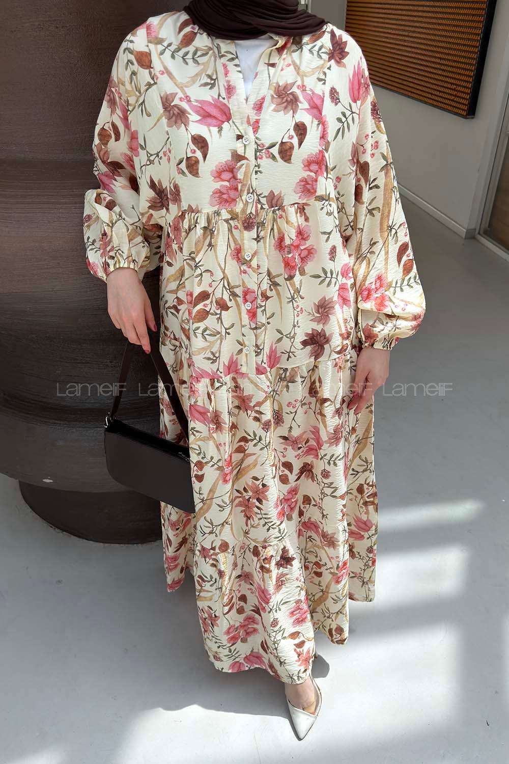 Lamelif Katleya Çiçek Desenli Elbise Krem