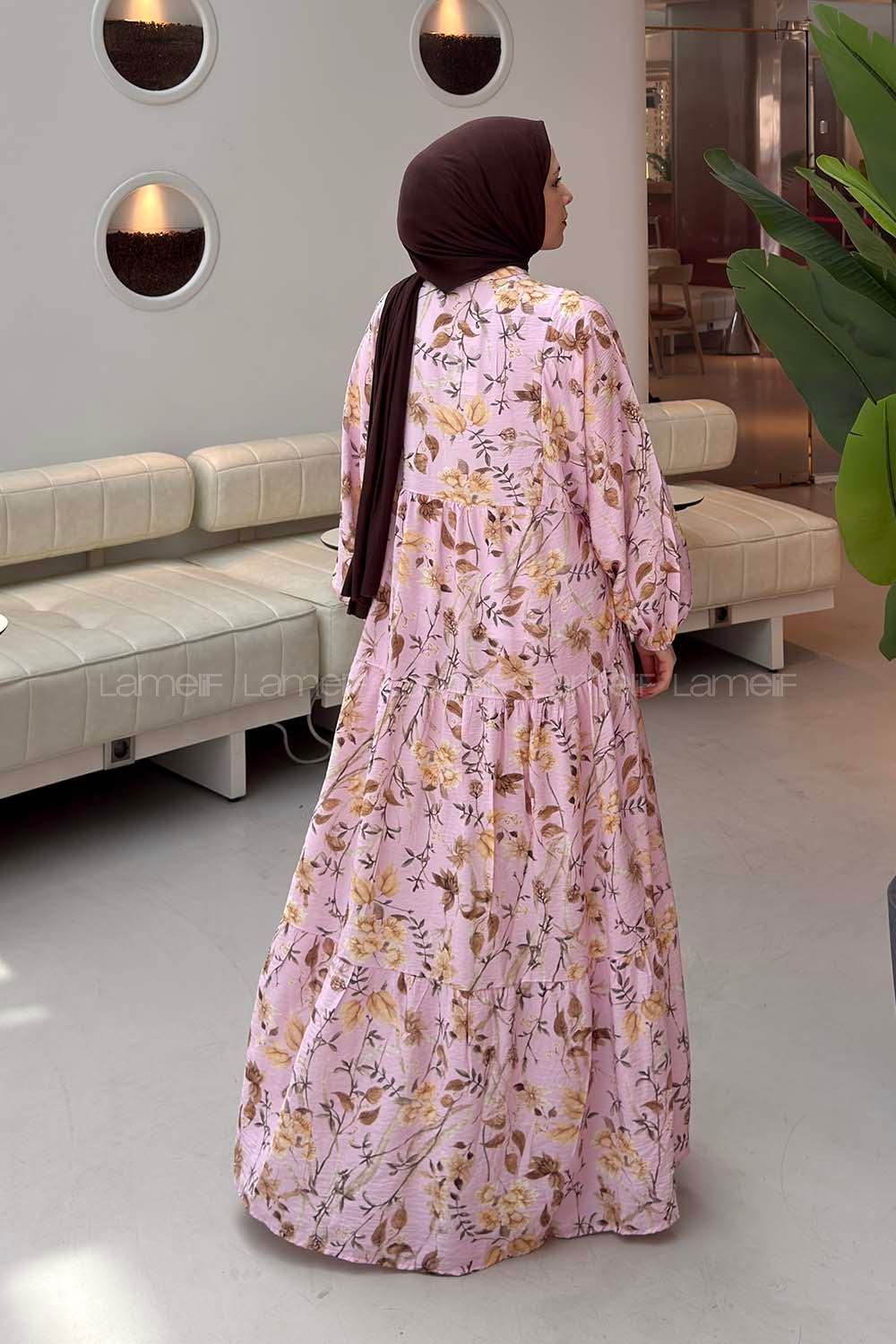 Lamelif Katleya Çiçek Desenli Elbise Pembe
