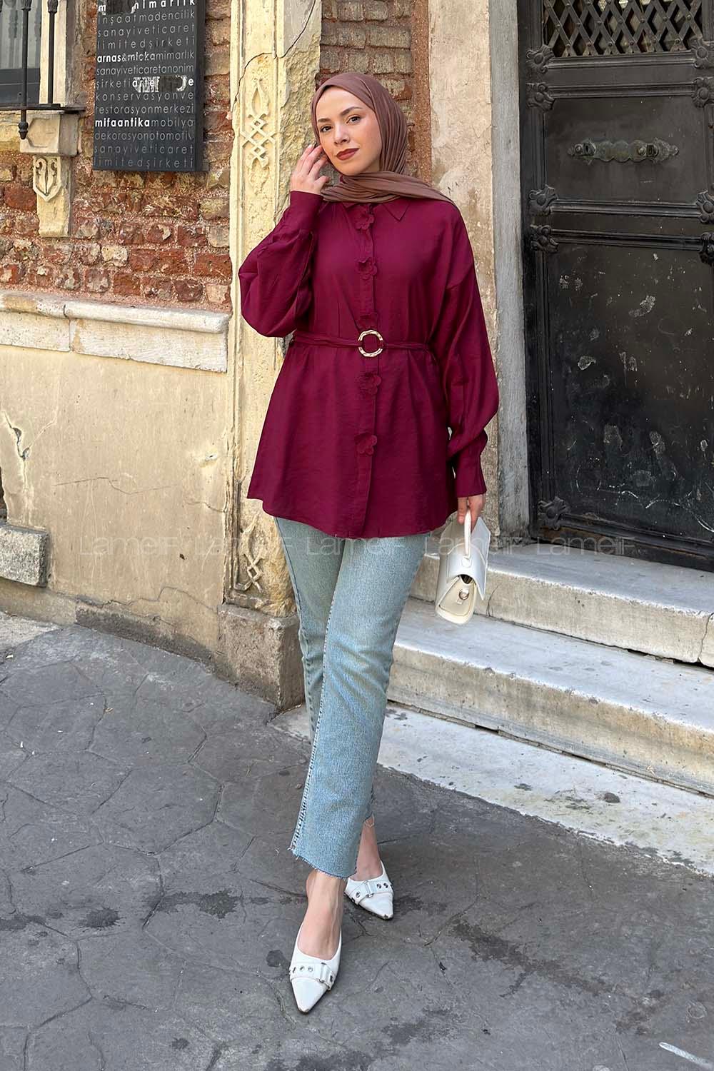 Lamelif Ön Çiçek Detaylı Bağlamalı Gömlek Bordo